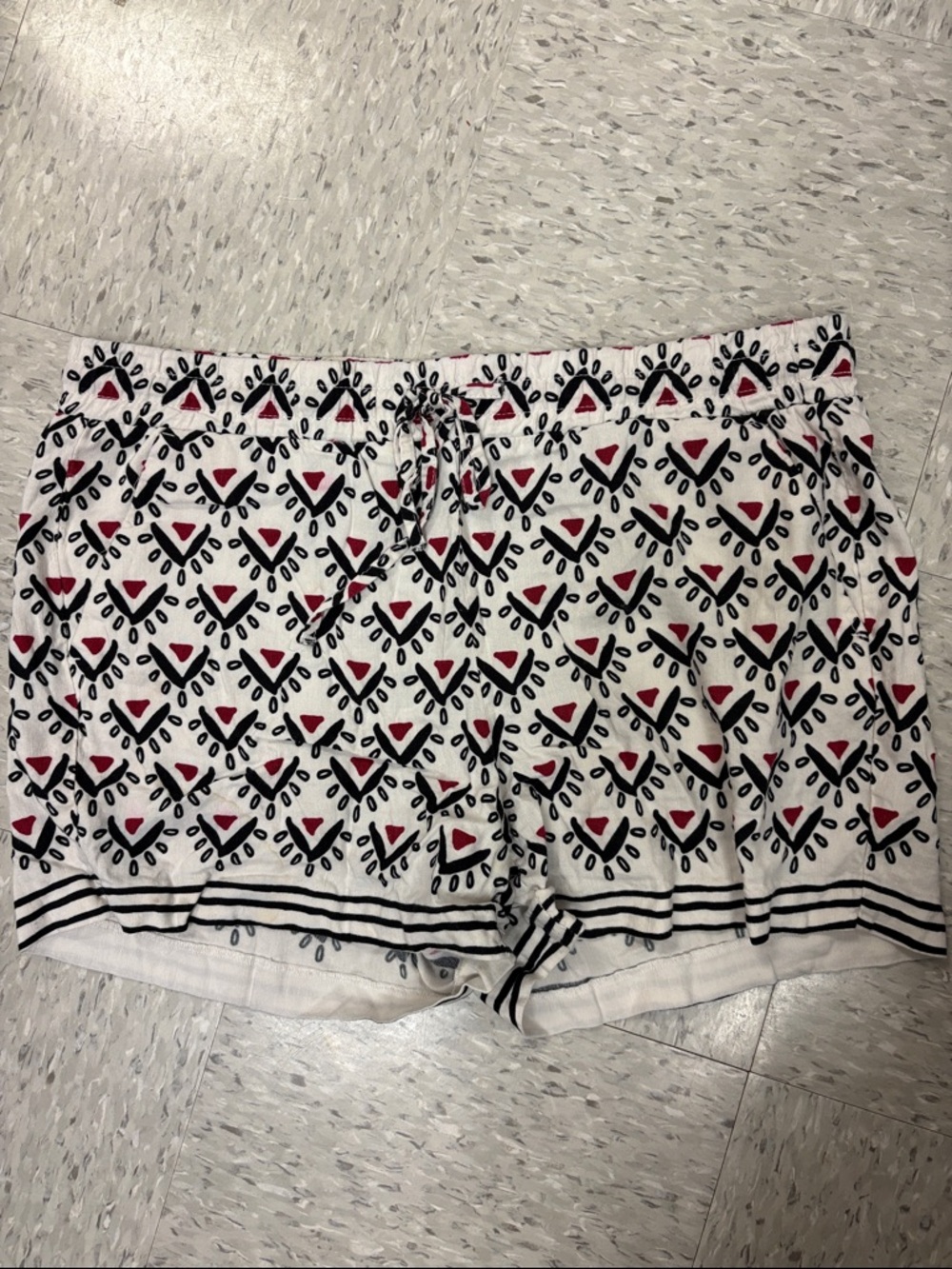 LOFT White Geometric Print Drawstring Athletic Shorts with Red & Black Accents